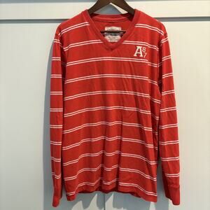 Y2K Aeropostale A87 Shirt Men Size XL Red White Striped V-Neck Pullover Logo 87